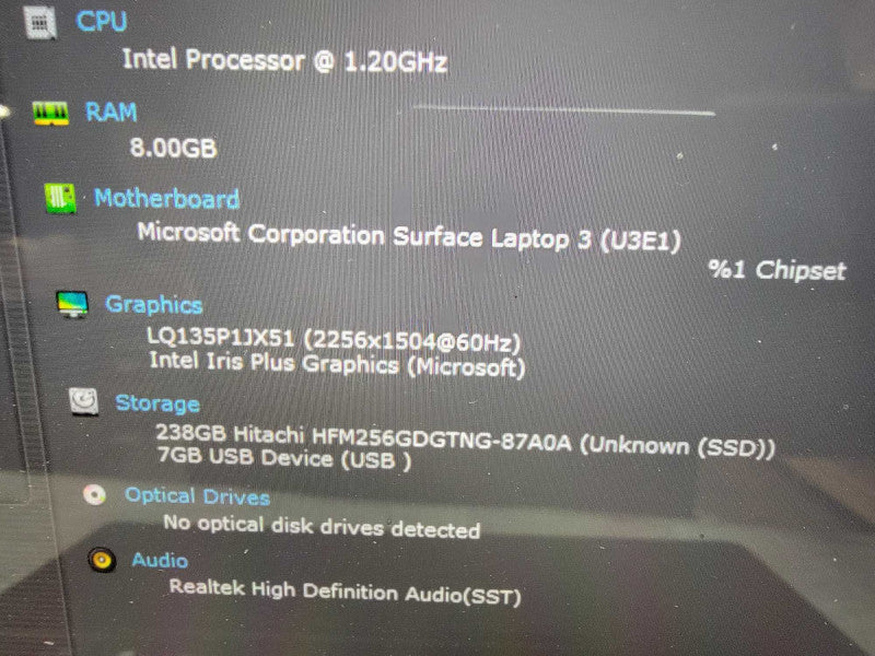 MS Surface Laptop 3 1868 | 4-Core i5-1035G7 @1.2GHz |8GB RAM 256GB SSD - READ  Lap200