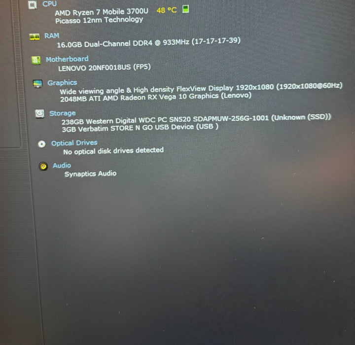 Lenovo ThinkPad E595 AMD Ryzen 7-3700U Radeon Vega 10 GPU 16GB RAM 256GB SSD  Lap200