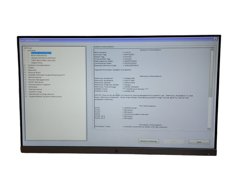 DELL OPTIPLEX 3070 MT i3- 9100 CPU @ 3.60GHz 16GB DDR4 Ram θ