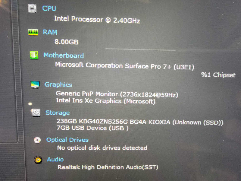 MS Surface Pro 7+ 1961 | 4-Core i5-1135G7 @2.4GHz | 8GB RAM | 256GB SSD
