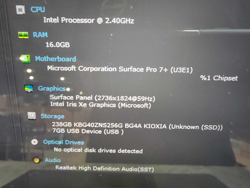 MS Surface Pro 7+ 1961 | 4-Core i5-1135G7 @2.4GHz | 16GB RAM | 256GB SSD