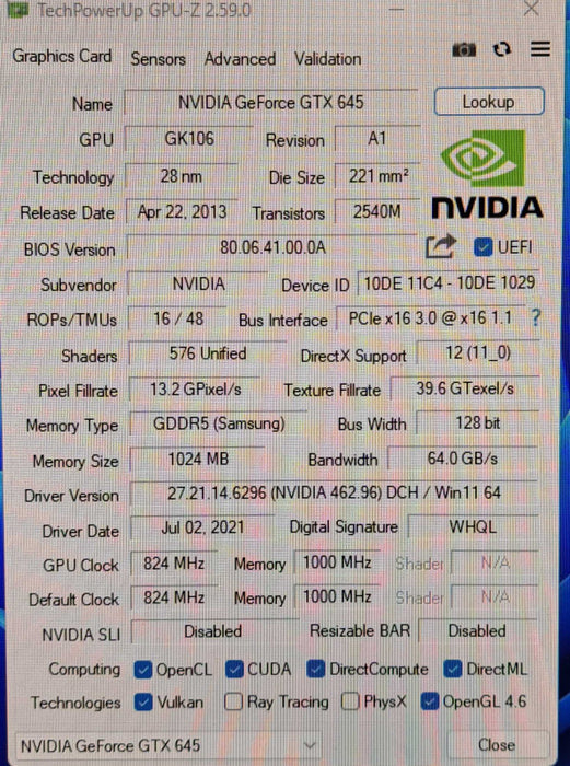 Dell Nvidia GeForce GTX 645 1GB GDDR5 Graphics Card | HDMI DVI DP