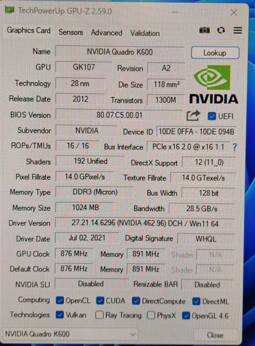 Nvidia Quadro K600 | 1GB GDDR3 Graphics Card | DVI, DP