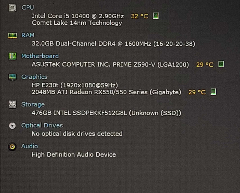 Custom PC/ASUS PRIME Z590-V, i5-10400 2.90GHz, 32GB DDR4, 512GB NVMe, RX550