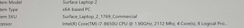 MS Surface Laptop 2 176, Core I7-8650U 1.9GHz 8GB RAM 256GB SSD - RE _ Lap200