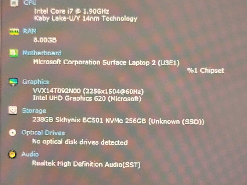 MS Surface Laptop 2 176, Core I7-8650U 1.9GHz 8GB RAM 256GB SSD - RE _ Lap200