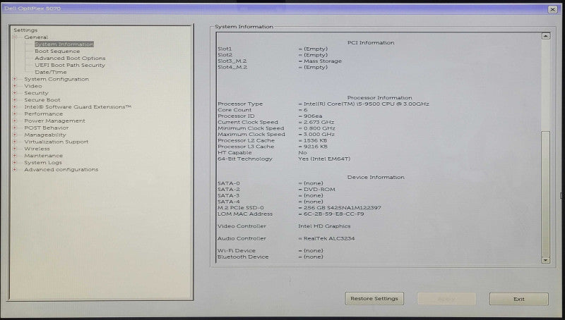 Dell OptiPlex 5070 SFF, i5-9500 3.0GHz 6C, 8GB DDR4, 256GB NVMe