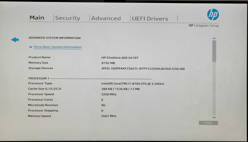 HP EliteDesk 800 G4 SFF, i7-8700 3.20GHz 6C, 8GB DDR4, 256GB NVMe