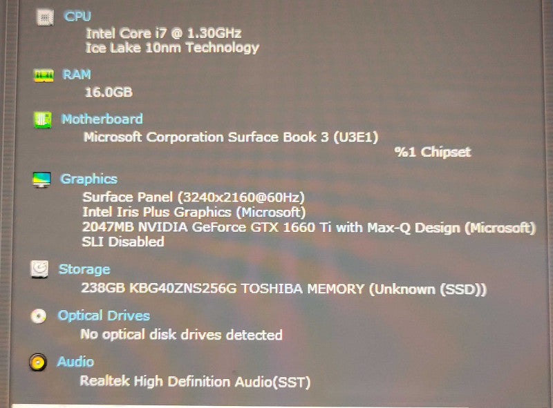Microsoft SURFACE BOOK 3 Core i7-1065G7 1.3GHz 16GB 256GB SSD GTX 1060Ti, SEE _ Lap200