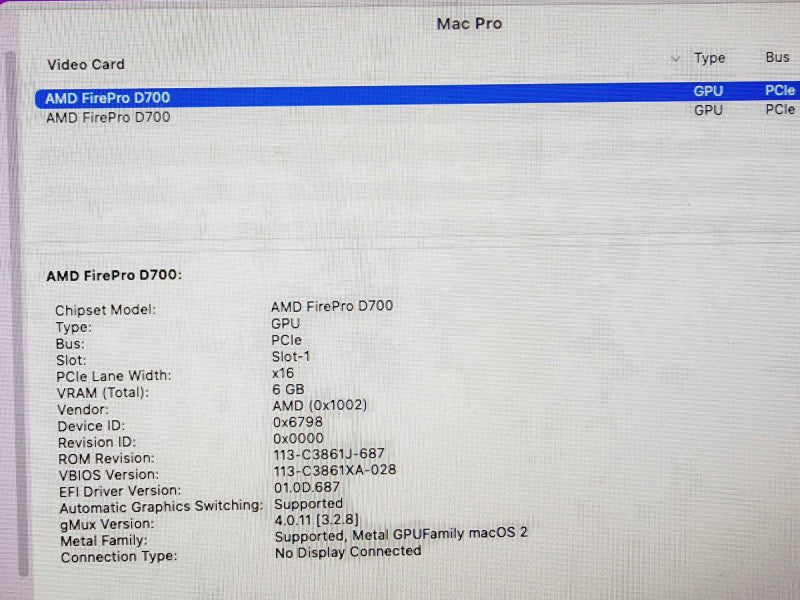Apple Mac Pro 2013 8-Core Xeon E5-1680 v2 @ 3.0GHz 64GB DDR3 512GB SSD 2x AMD FirePro D700 6GB (
