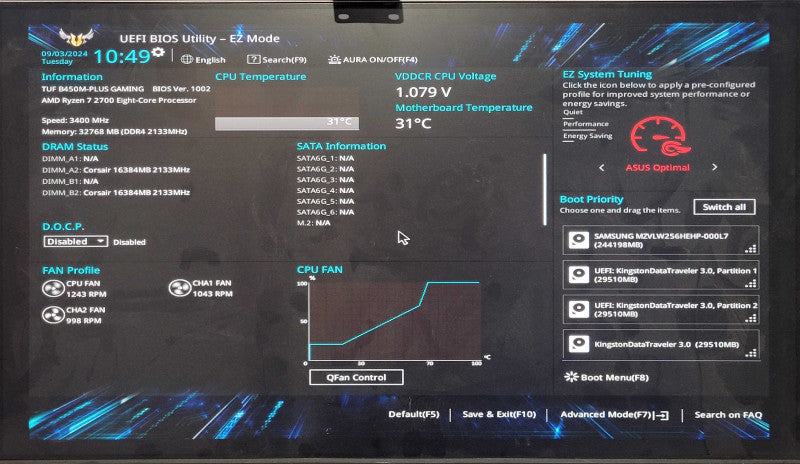 Custom PC/Asus TUF B450M-PLUS GAMING, AMD Ryzen 7 2700, 32GB DDR4, 256GB NVMe