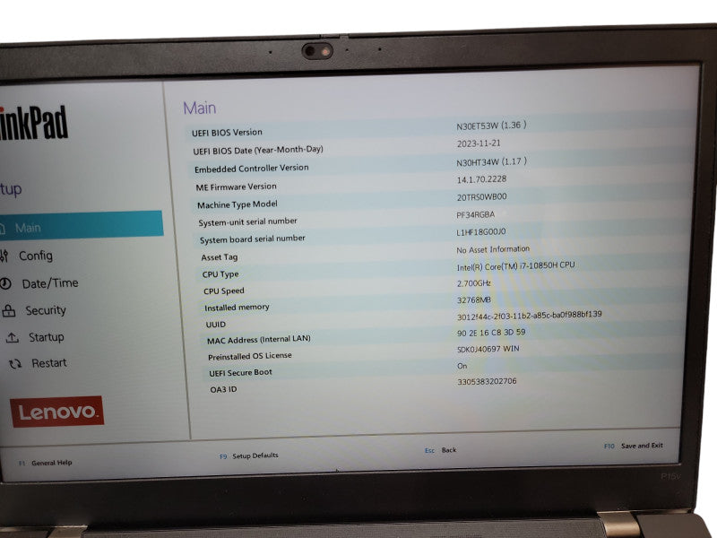 Lenovo ThinkPad P15v | i7-10850H @2.7GHz | 32GB DDR4 | 512GB SSD - READ  Lap200