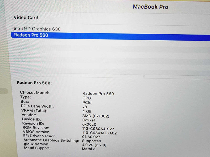 Apple Macbook Pro 2017 15" 4-Core i7-7820HQ @ 2.9GHz 16GB DDR3 512GB SSD Radeon Pro 560 4GB (
