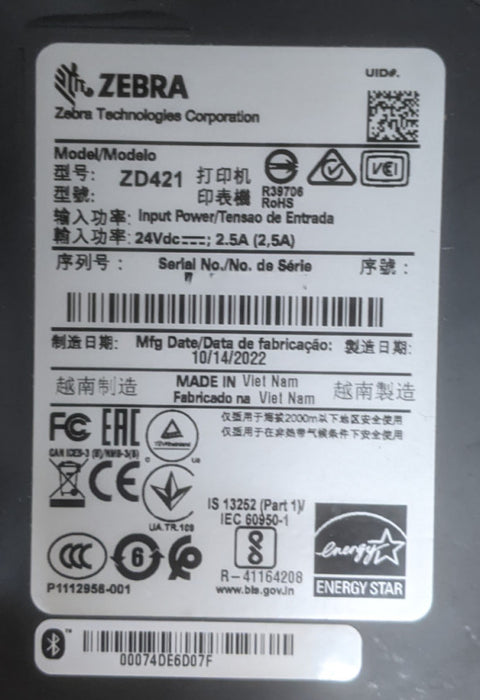 Zebra ZD421 Direct Thermal Label Printer | ZD4A042-D01M00EZ | w/ Power Adapter