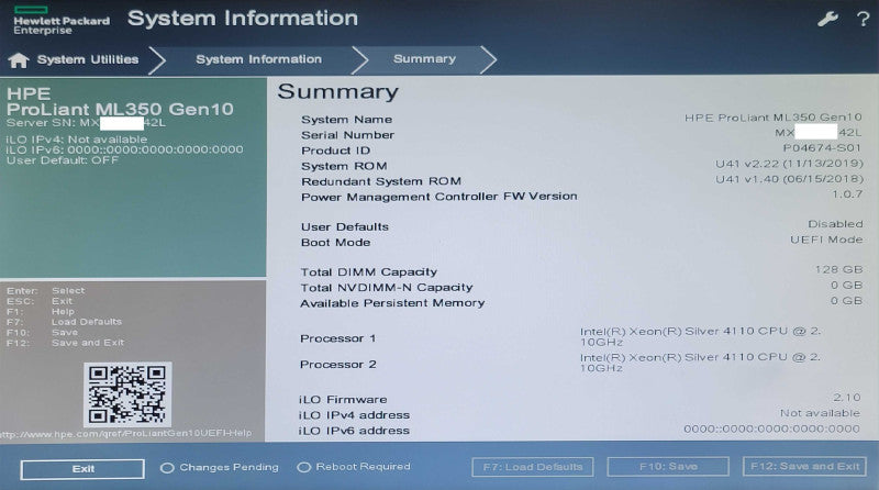 HPE ML350 Gen10 2x Xeon Silver 4110 2.10Ghz 128GB DDR4 E208i-a SR 6x 1.2TB HD _