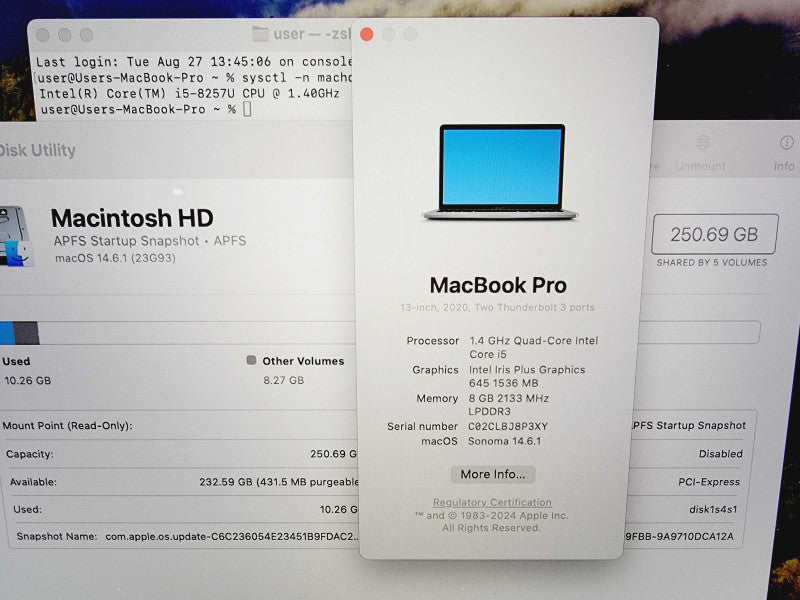 Apple Macbook Pro 2020 13" 4-Core i5-8257U @ 1.4GHz 8GB DDR3 256GB SSD  (