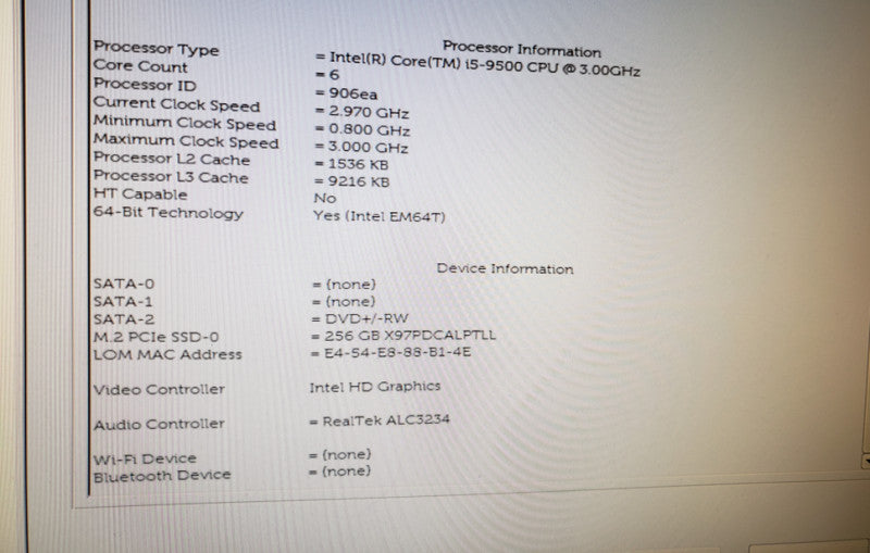 Dell OptiPlex 3060 i5-9500 CPU, 8GB RAM, 256GB SSD