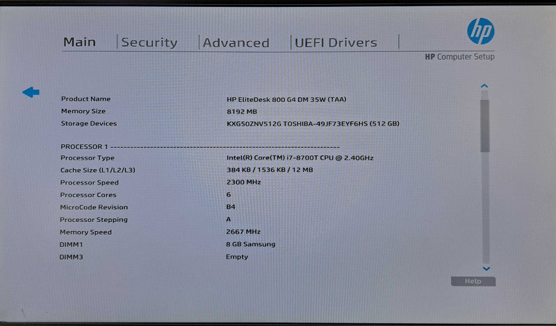 HP EliteDesk 800 G4 USFF | i7-8700T @ 2.40GHz 6C, 8GB DDR4, 512GB NVMe