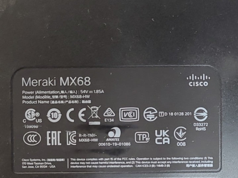 Cisco Meraki MX68-HW Cloud Managed Firewall VPN, Unclaimed
