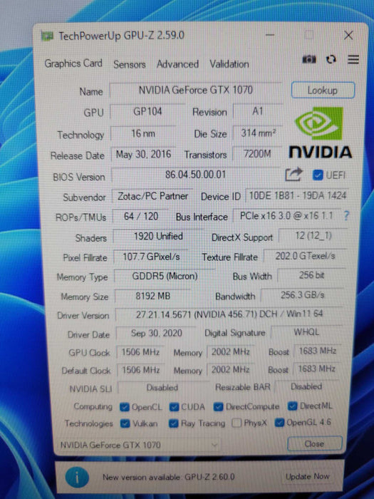 ZOTAC NVIDIA GTX 1070 8GB PCIE %