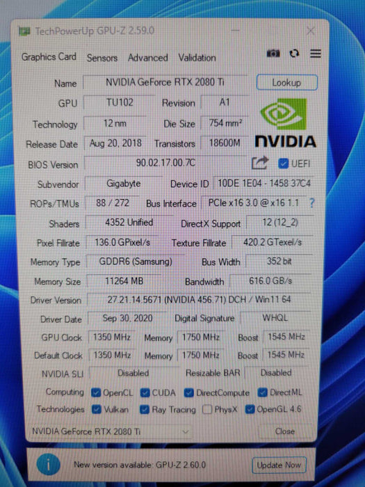 GIGABYTE NVIDIA RTX 2080Ti 11GB TURBO EDITION PCIE %