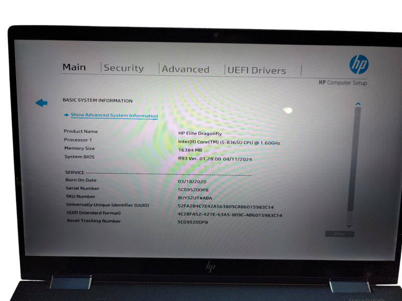 HP Dragonfly | i5-8365U @1.6GHz | 16GB DDR4 | 256GB SSD - READ  Lap200