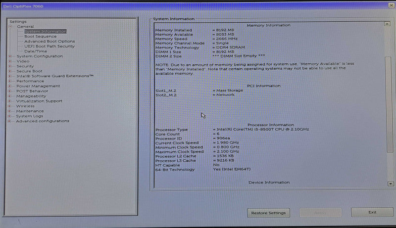 Dell OptiPlex 7060 USFF | i5-8500T @ 2.10GHz 6C, 8GB DDR4, 512GB NVMe, Wi-Fi