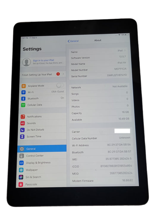 Apple iPad Air 16GB, Wi-Fi + SIM, UNLOCKED, A1475 _
