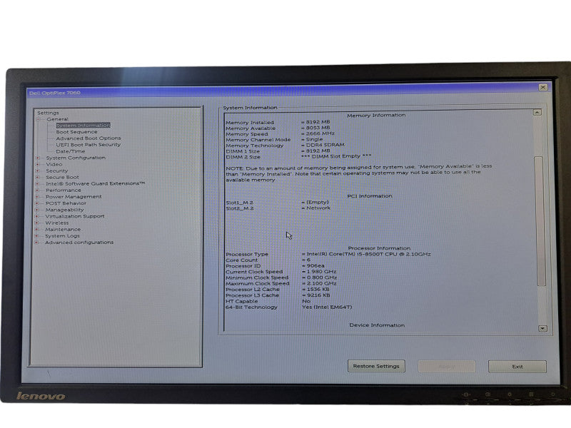 Dell OptiPlex 7060 USFF | i5-8500T @ 2.10GHz 6C, 8GB DDR4, Wi-Fi, No HDD/OS