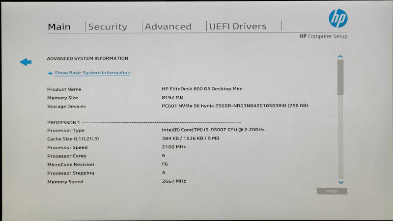 HP EliteDesk 800 G5 USFF, i5-9500T 2.20GHz 6C, 8GB DDR4, 256GB NVMe, WiFi, PWR