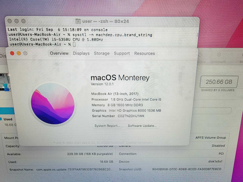 Apple Macbook Air 2017 13" 2-Core i5-5350U @ 1.8GHz 8GB DDR3 256GB SSD (