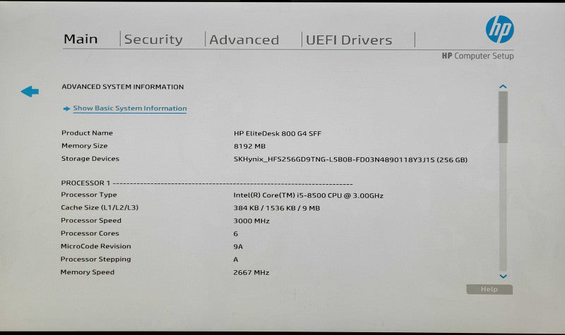HP EliteDesk 800 G4 SFF, i5-8500 3.00GHz 6C, 8GB DDR4, 256GB NVMe