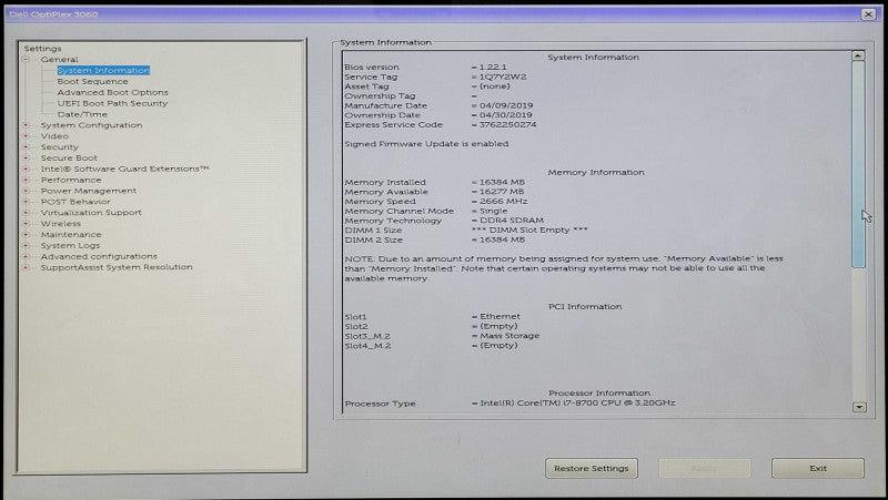 Dell OptiPlex 3060 SFF, i7-8700 3.20GHz 6C, 16GB DDR4, 512GB NVMe