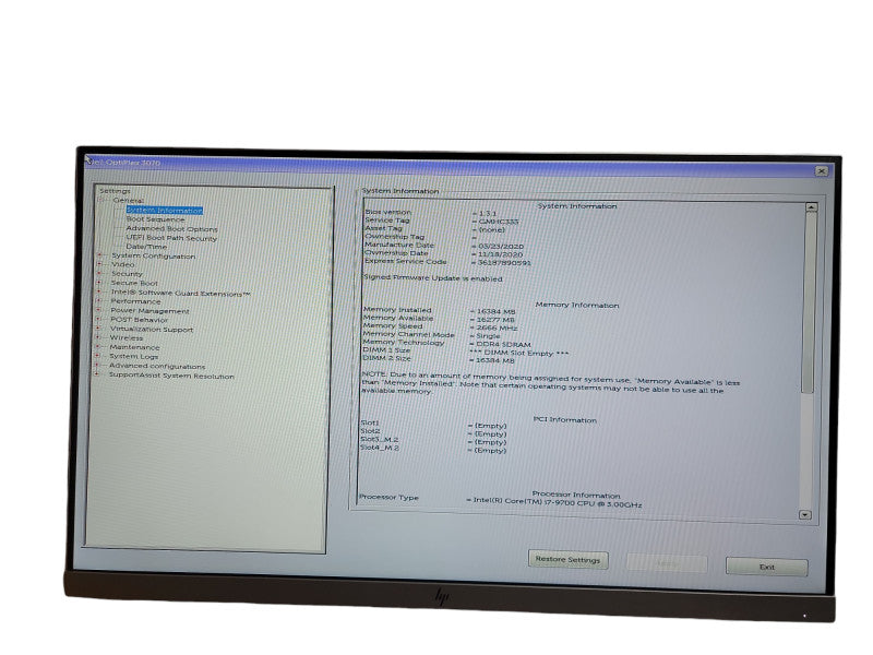 Dell Optiplex 3070 SFF i7- 9700 CPU @ 3.00GHz 16GB DDR4 Ram θ