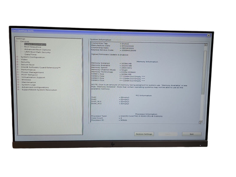 Dell Optiplex 5070 SFF i3- 9100 CPU @ 3.60GHz 16GB DDR4 Ram  θ