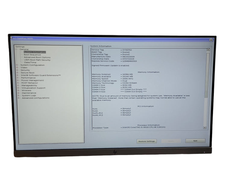Dell Optiplex 5070 SFF i5- 9500 CPU @ 3.00GHz 16GB DDR4 Ram θ
