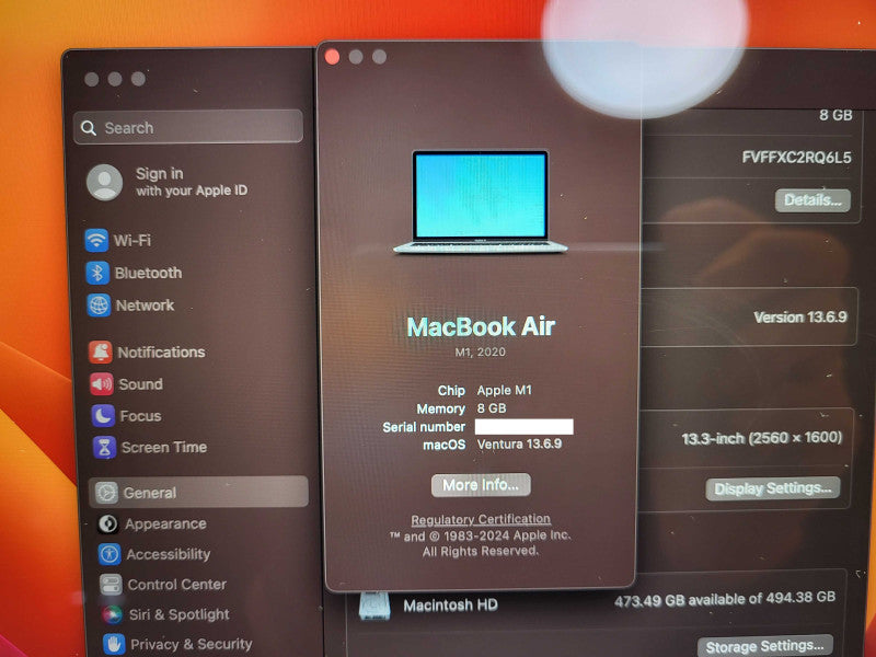 Apple MacBook Air 2020 M1 CPU 8GB RAM 512GB Storage 229 Cycle Count No Charger $