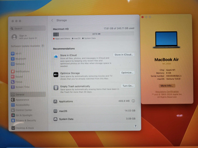 Apple Macbook Air 2020 13" 8-Core M1, 8GB Ram, 256GB SSD