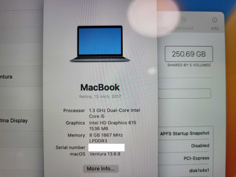 Apple MacBook 12" 2017 i5-7Y54 CPU 8GB RAM 256GB SSD 428 Cycle Count No Power Adapter $