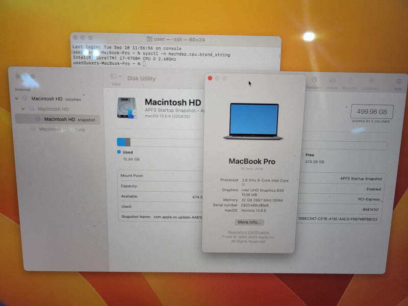 Apple Macbook Pro 2019 16" 6-Core i7-9750H @ 2.6GHz 32GB DDR4 500GB SSD Radeon Pro 5300M 4GB !