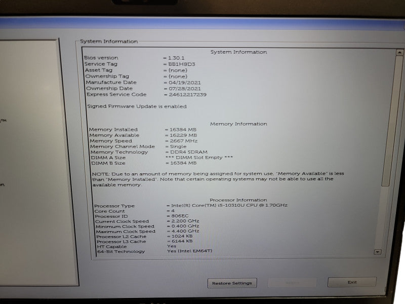 Dell Latitude 5510 | i5-10310U @1.7GHz | 16GB DDR4 | 256GB SSD - READ  Lap200
