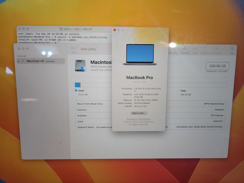 Apple Macbook Pro 2019 16" 6-Core i7-9750H @ 2.6GHz 16GB DDR4 500GB SSD Radeon Pro 5300M 4GB !