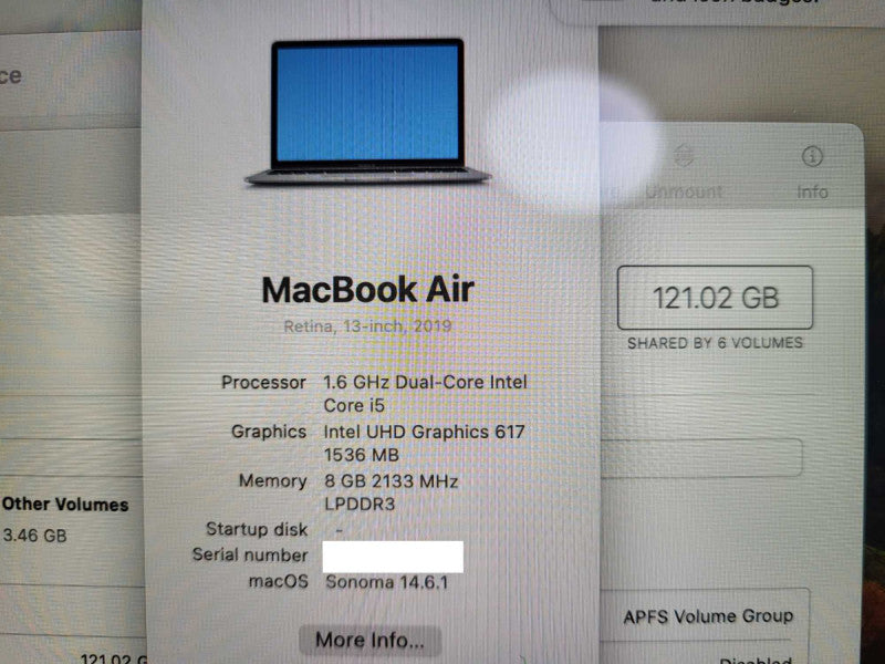 Apple MacBook 2019 Air Retina 13" i5-1030NG7 CPU 8GB RAM 128GB SSD 159 Cycle count No Charger $