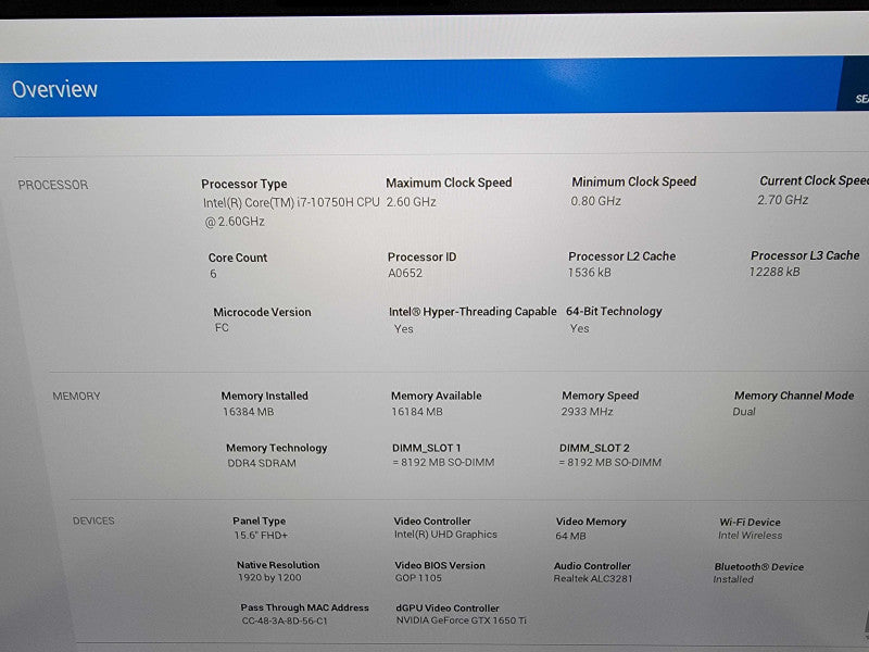 Dell XPS 15 9500 | i7-10750H @2.6GHz | 16GB DDR4 | 512GB SSD | GTX 1650ti  Lap200
