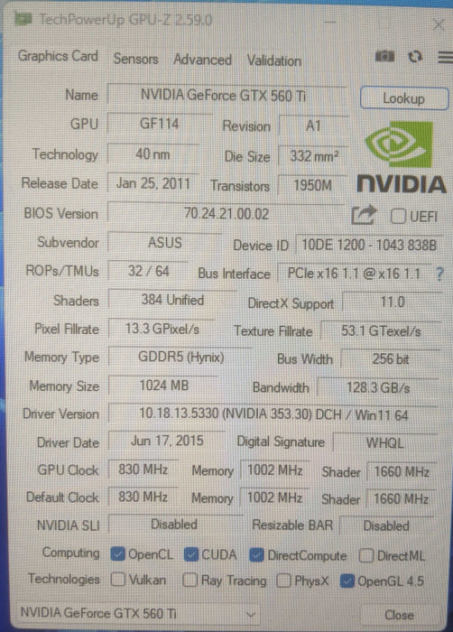 ASUS NVIDIA GeForce GTX 560 Ti Direct CU II 1.28GB | 2x DVI 1x Mini HDMI Q