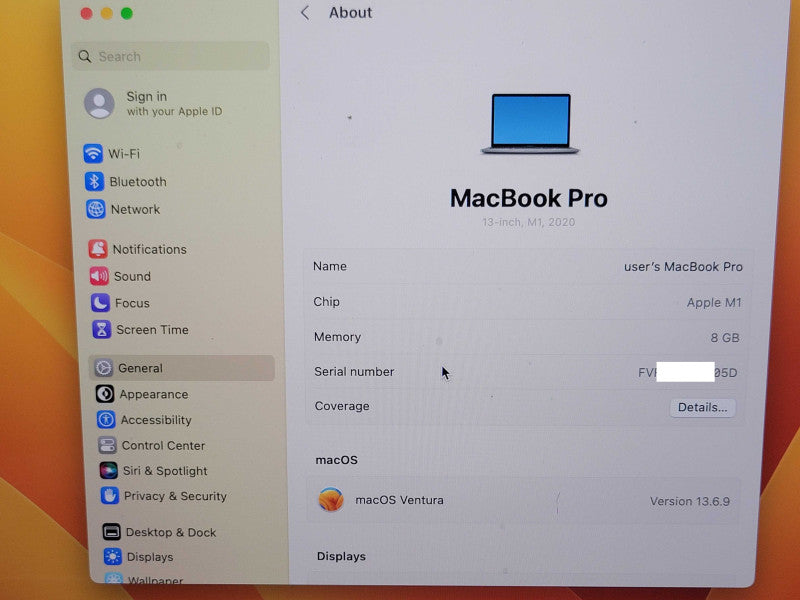 Apple Macbook Pro 2020 13" M1 Chip 8GB RAM 256GB SSD, 39 Cycle count  _