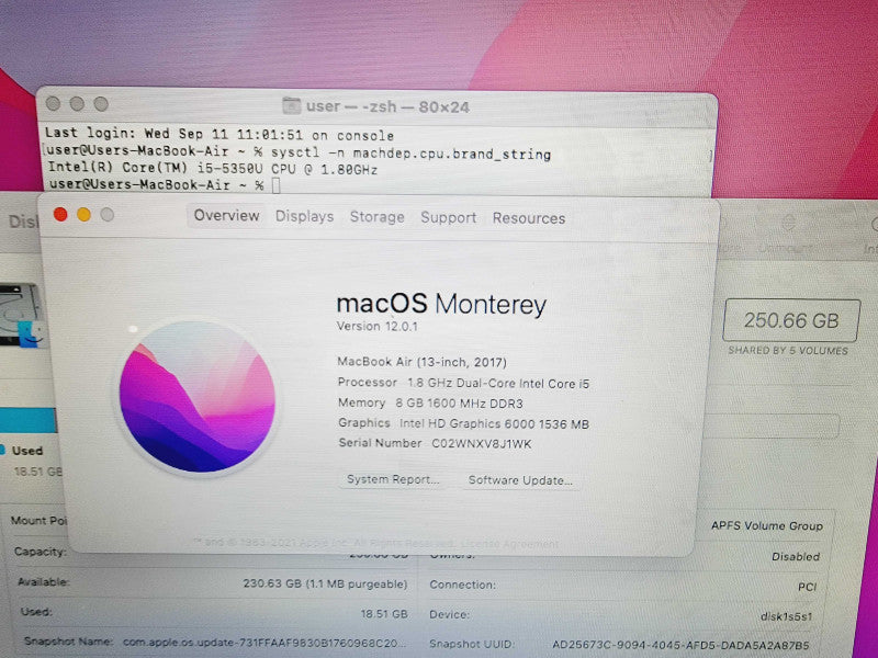 Apple Macbook Air 2017 13" 2-Core i5-5350U @ 1.8GHz 8GB DDR3 250GB SSD (