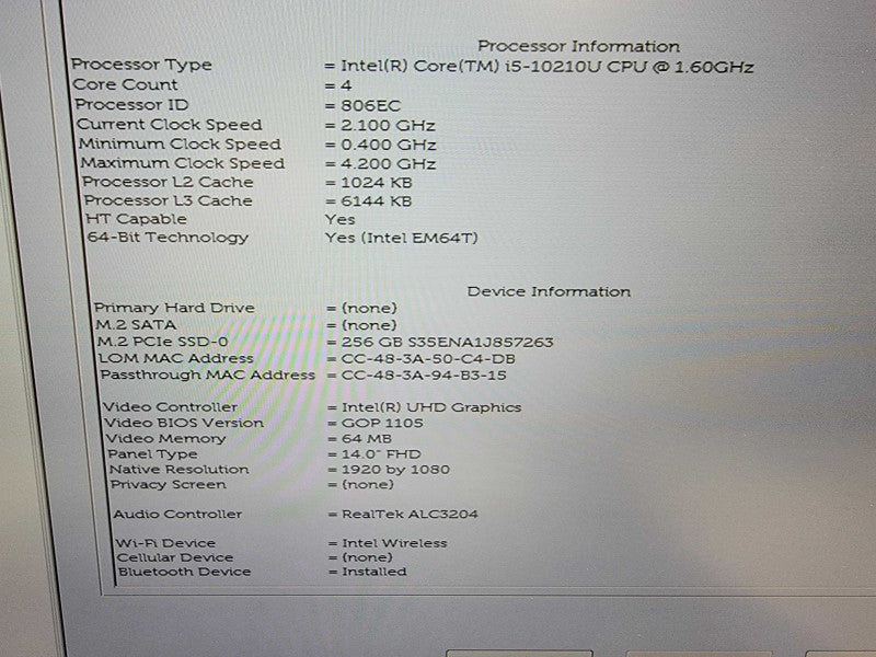 Dell Latitude 5410 | i5-10210U @1.6GHz | 8GB DDR4 | 256GB SSD  Lap200
