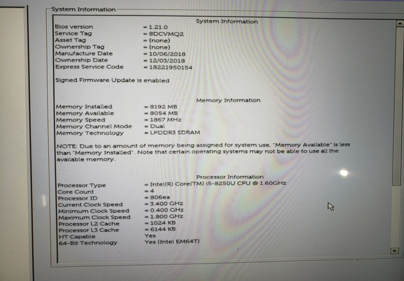 Dell XPS P82G Laptop| i5 8250U CPU | 237Gb SSD | 8Gb RAM,13" | W/ Power Adapter  Lap200