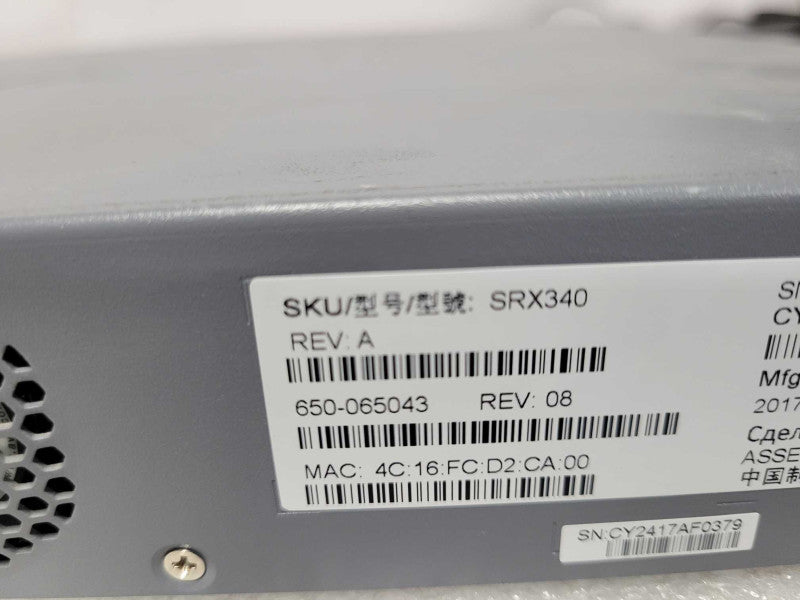 Juniper SRX340 Services Gateway Security Appliance 650-065043 Rev: 08, READ _